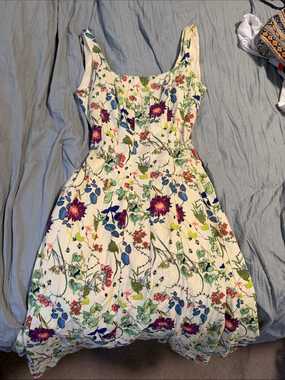Christian Lacroix Cream Floral Fit-and-Flare Dress with Purple & Blue Blooms
